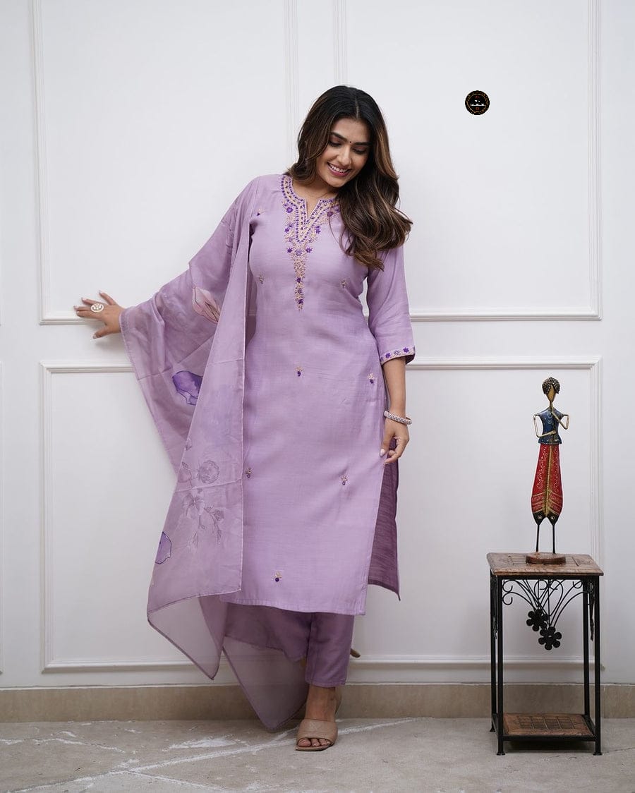 Beautiful Heavy Stitched Lavender Suit Set for Festive & Party Wear