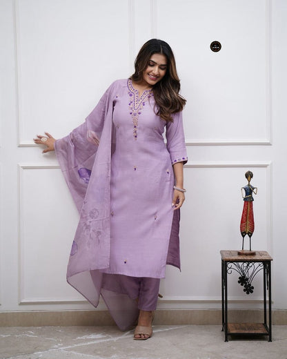 Beautiful Heavy Stitched Lavender Suit Set for Festive & Party Wear