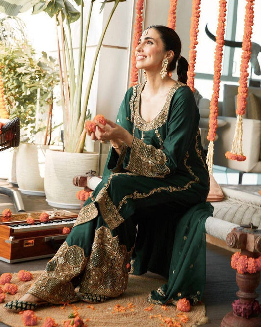 Chinon Silk With Sequins Embroidery Work Green Palazzo Suit