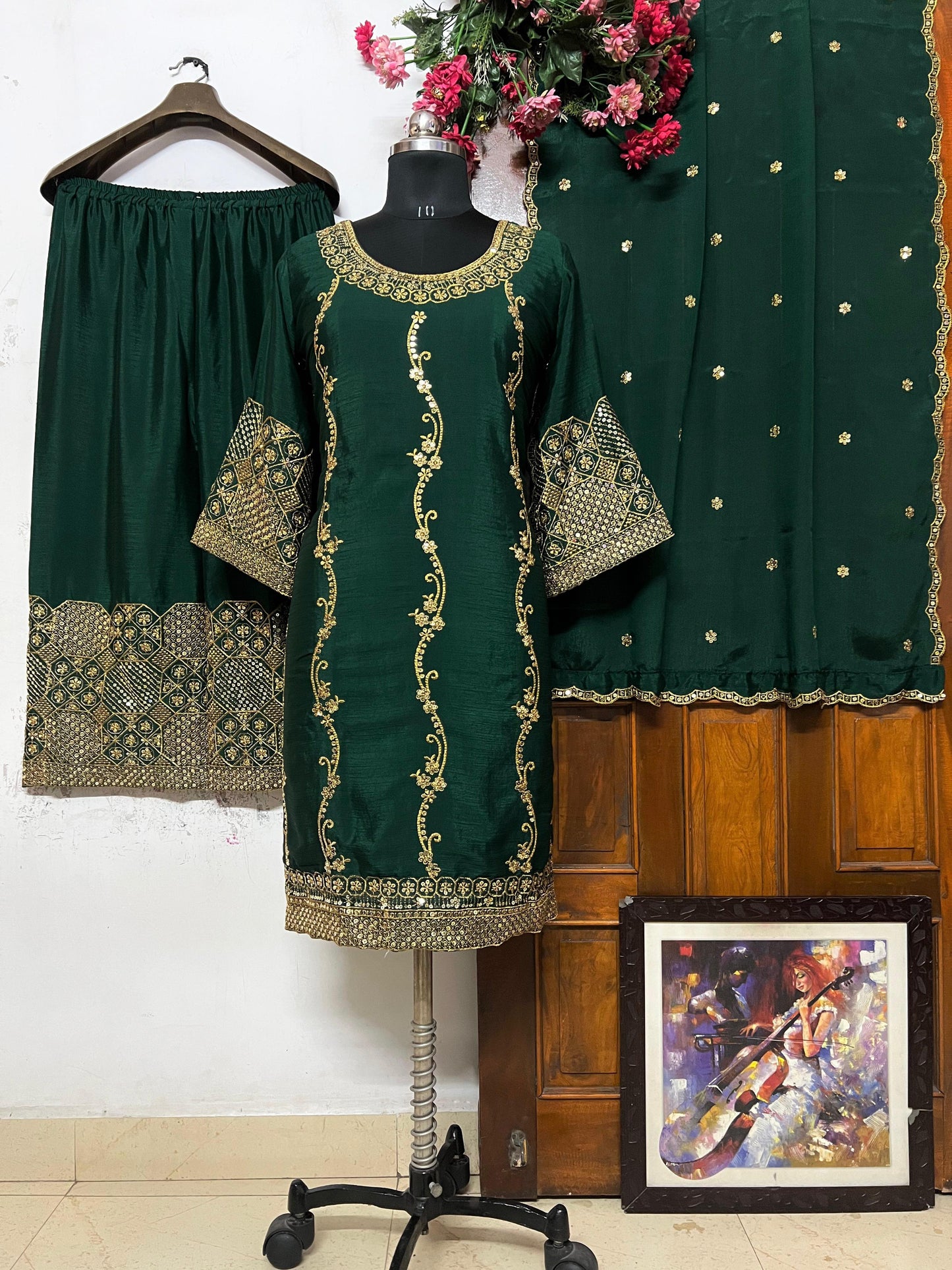 Chinon Silk With Sequins Embroidery Work Green Palazzo Suit