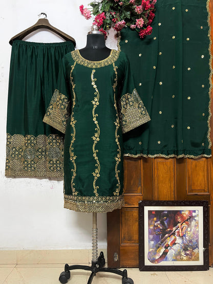 Chinon Silk With Sequins Embroidery Work Green Palazzo Suit
