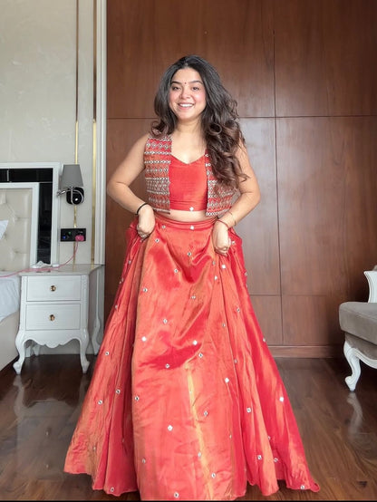 Stylish Party Wear Red Silk Lehenga with Embroidered Jacket