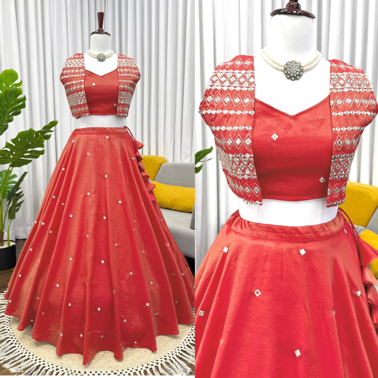 Stylish Party Wear Red Silk Lehenga with Embroidered Jacket