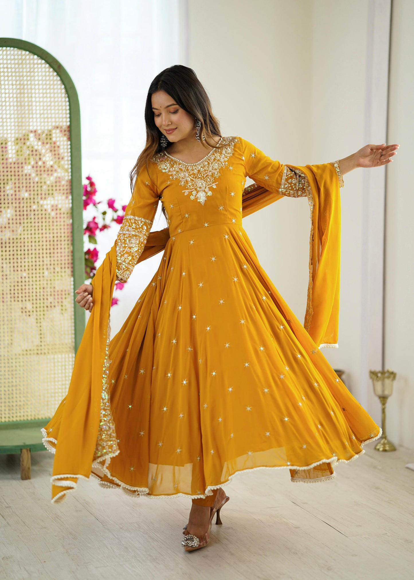 Mustard Yellow Georgette Anarkali Suit with Heavy Sequins Embroidery