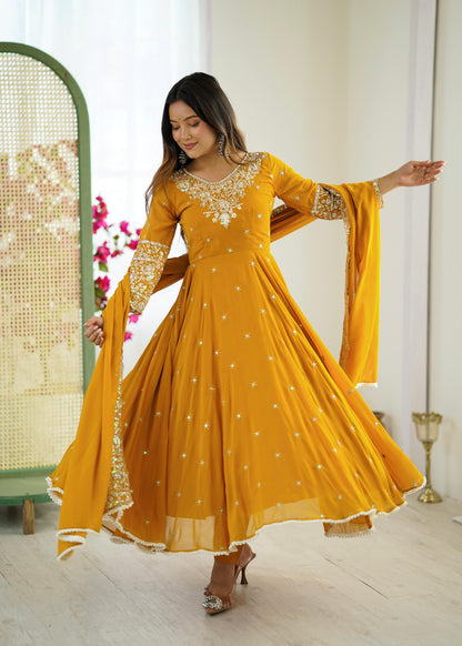 Mustard Yellow Georgette Anarkali Suit with Heavy Sequins Embroidery