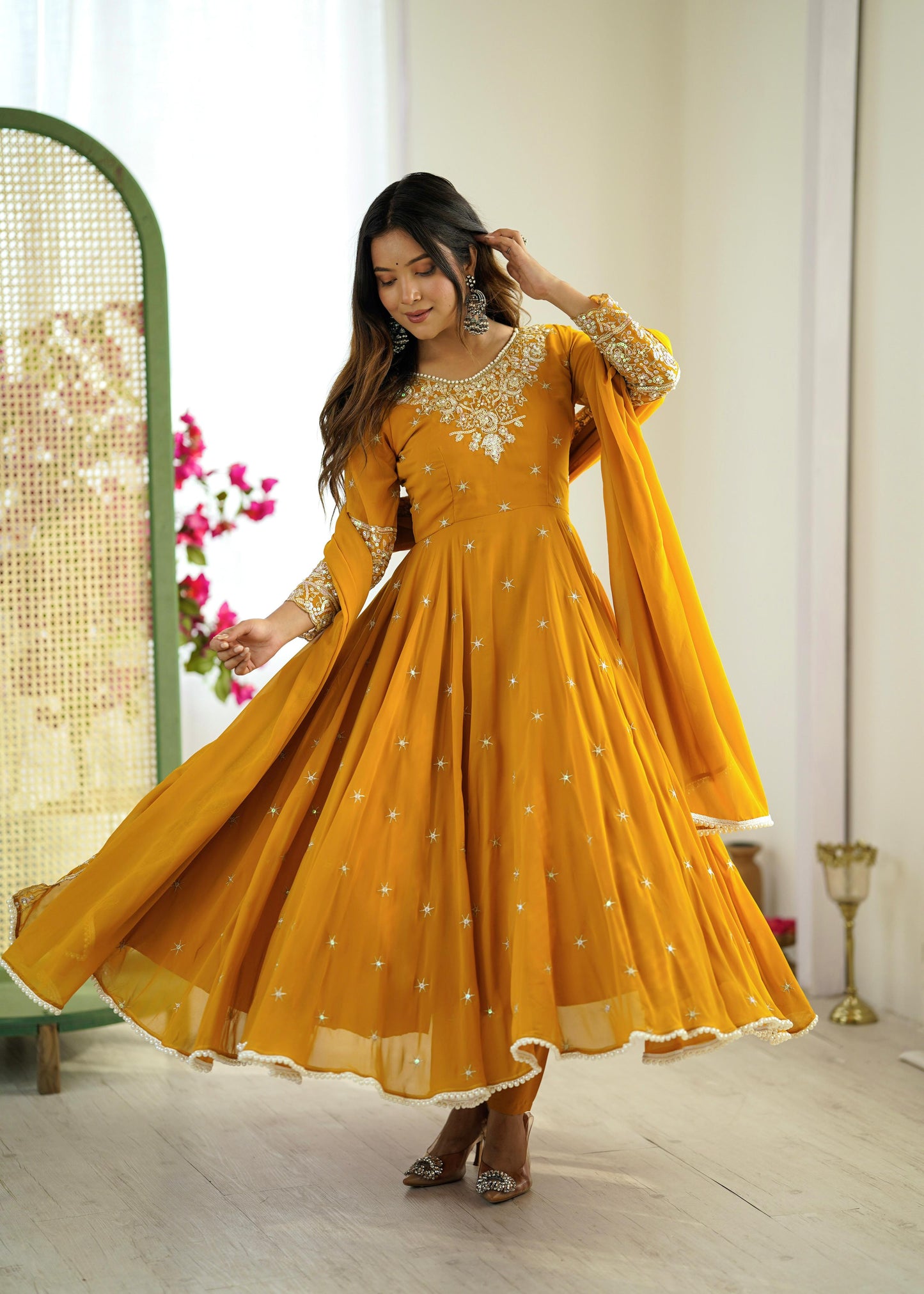 Mustard Yellow Georgette Anarkali Suit with Heavy Sequins Embroidery