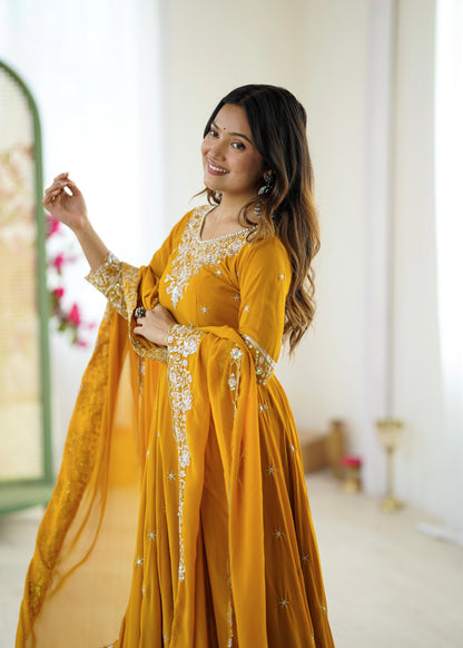 Mustard Yellow Georgette Anarkali Suit with Heavy Sequins Embroidery