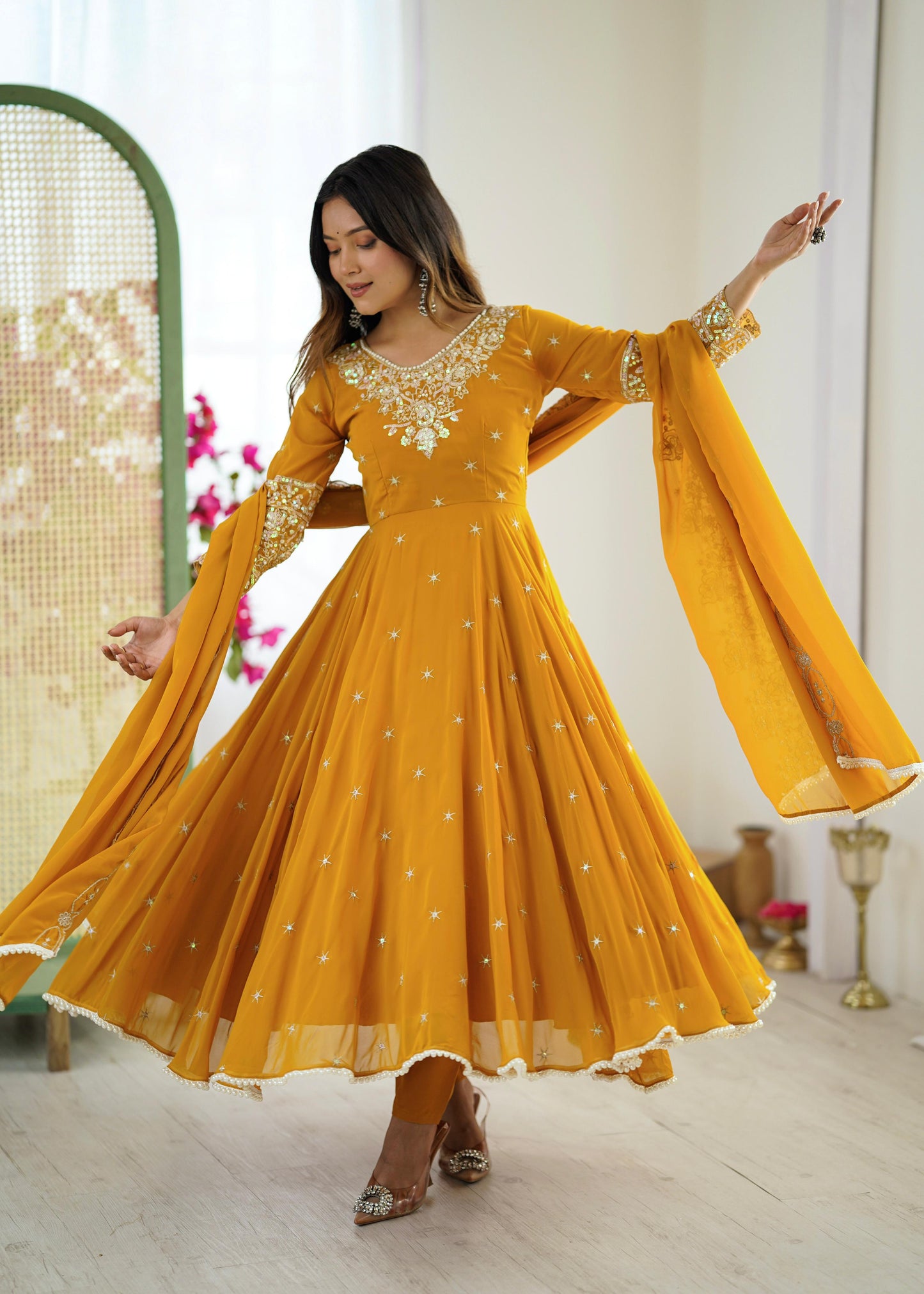 Mustard Yellow Georgette Anarkali Suit with Heavy Sequins Embroidery