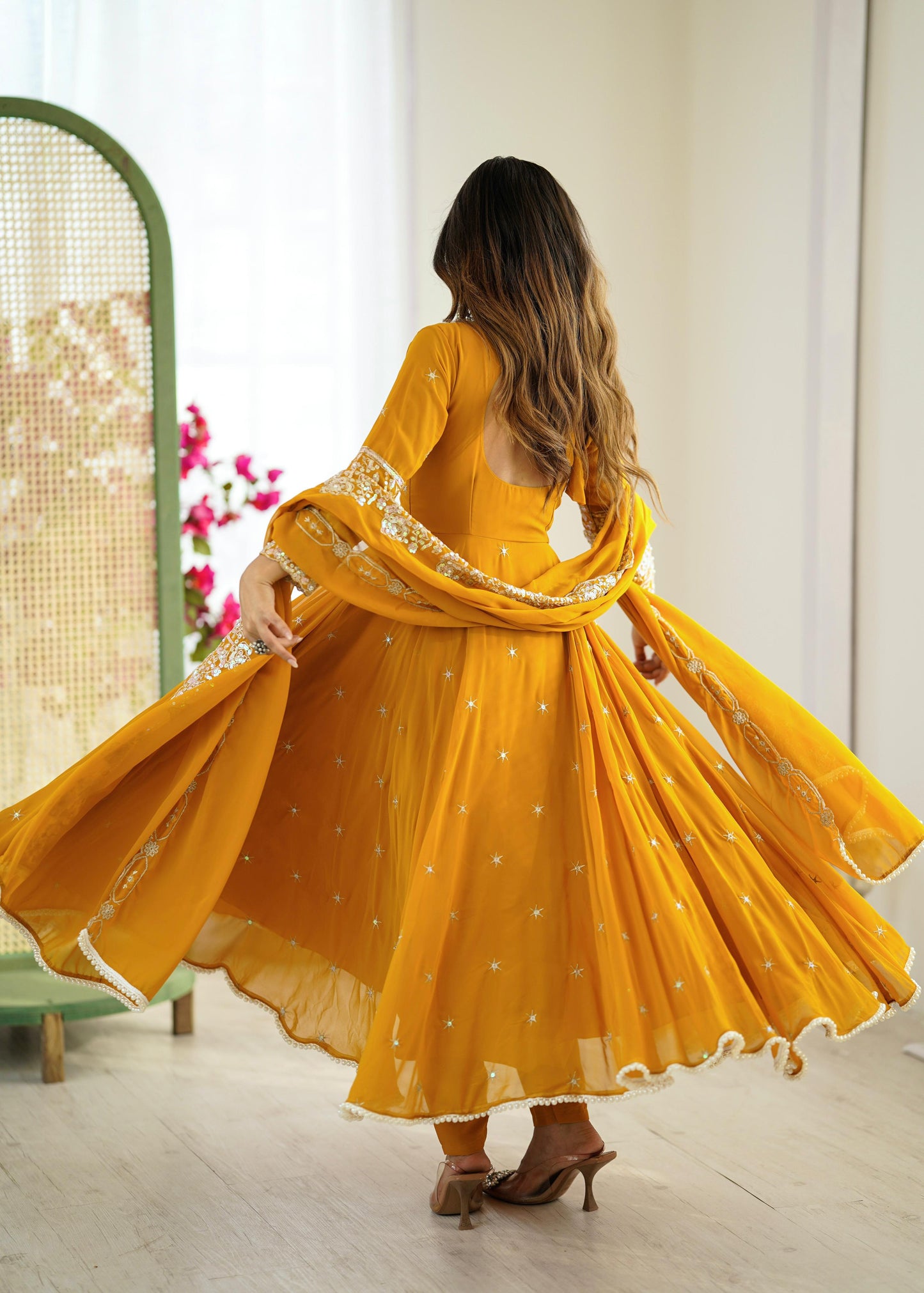 Mustard Yellow Georgette Anarkali Suit with Heavy Sequins Embroidery