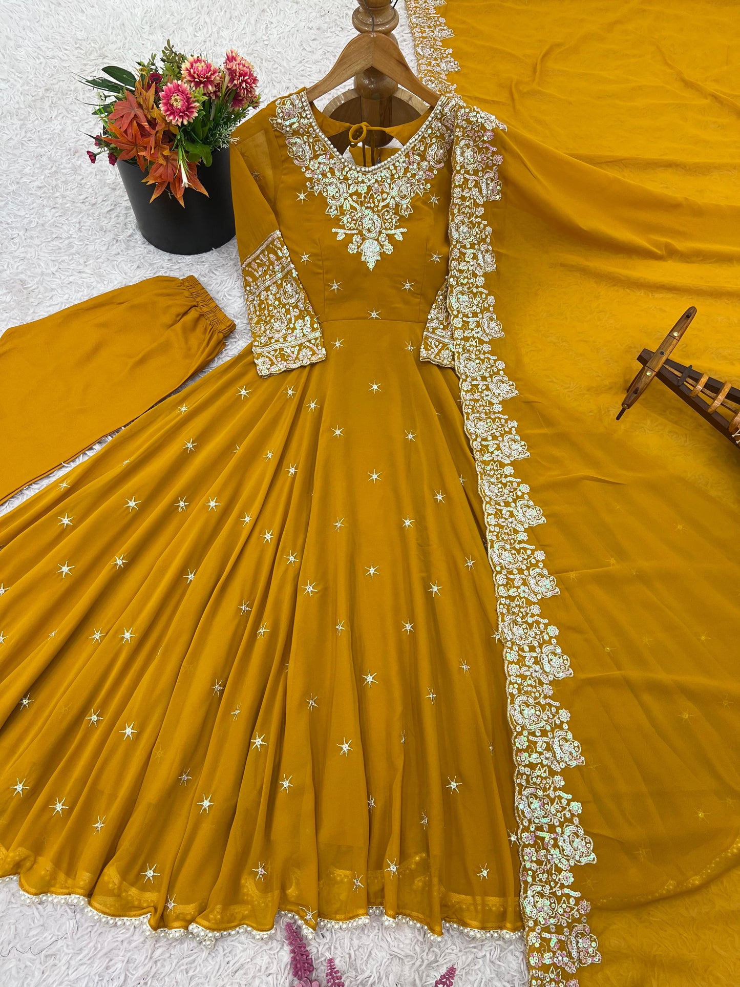 Mustard Yellow Georgette Anarkali Suit with Heavy Sequins Embroidery