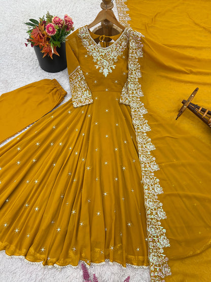 Mustard Yellow Georgette Anarkali Suit with Heavy Sequins Embroidery