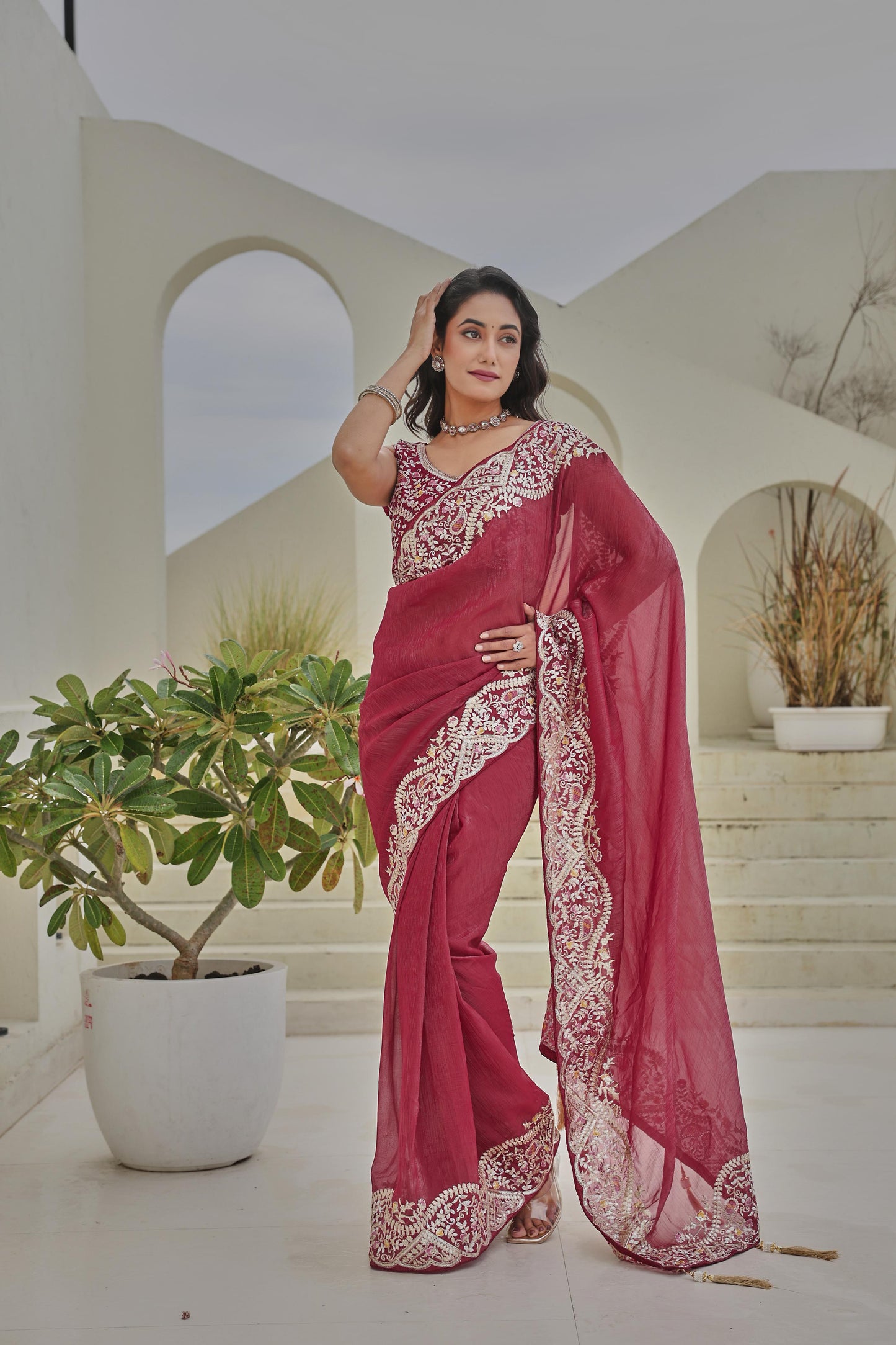 Maroon Georgette Saree with Heavy Zari Border and Embroidered Designer Blouse