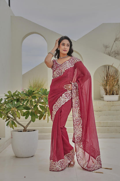 Maroon Georgette Saree with Heavy Zari Border and Embroidered Designer Blouse