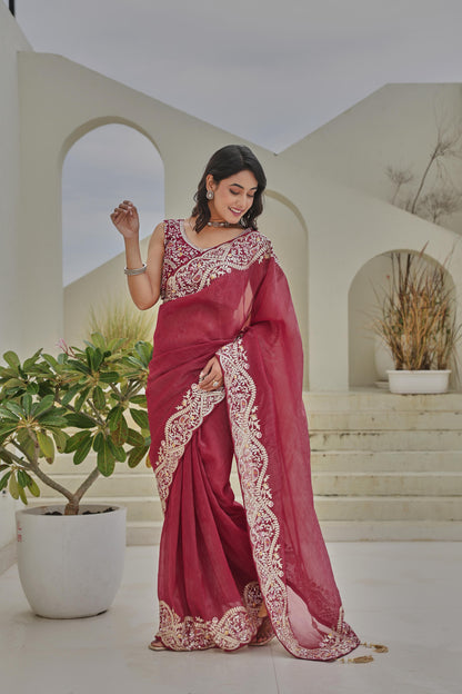 Maroon Georgette Saree with Heavy Zari Border and Embroidered Designer Blouse