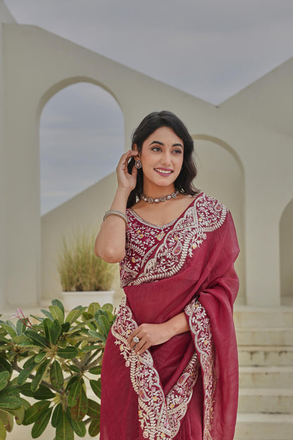 Maroon Georgette Saree with Heavy Zari Border and Embroidered Designer Blouse