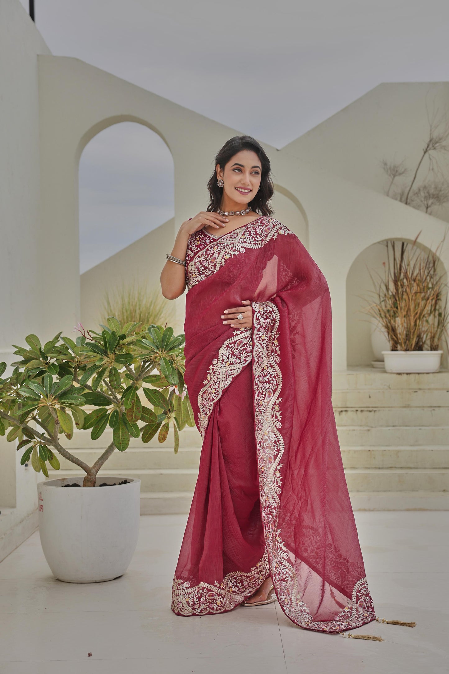 Maroon Georgette Saree with Heavy Zari Border and Embroidered Designer Blouse