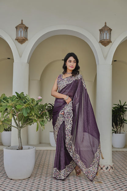 Regal Purple Heavy Work Saree with Detailed Border and Contrast Blouse