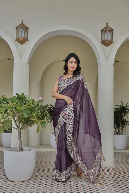 Regal Purple Heavy Work Saree with Detailed Border and Contrast Blouse