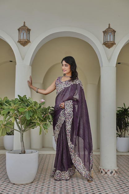 Regal Purple Heavy Work Saree with Detailed Border and Contrast Blouse