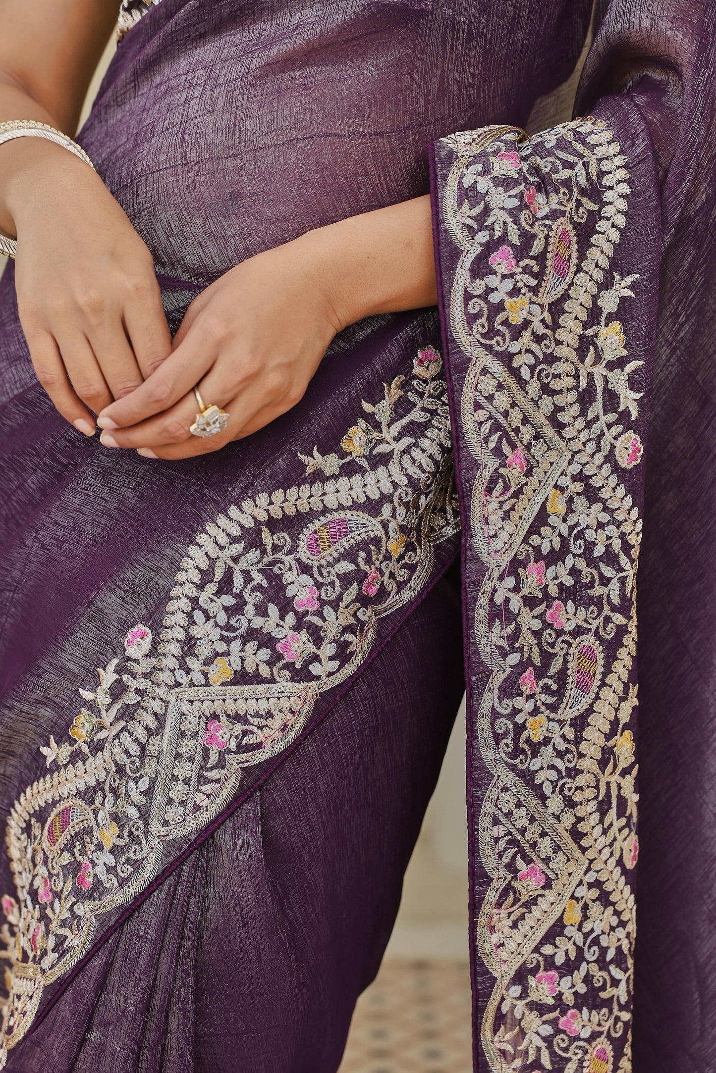 Regal Purple Heavy Work Saree with Detailed Border and Contrast Blouse