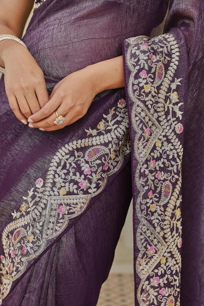 Regal Purple Heavy Work Saree with Detailed Border and Contrast Blouse