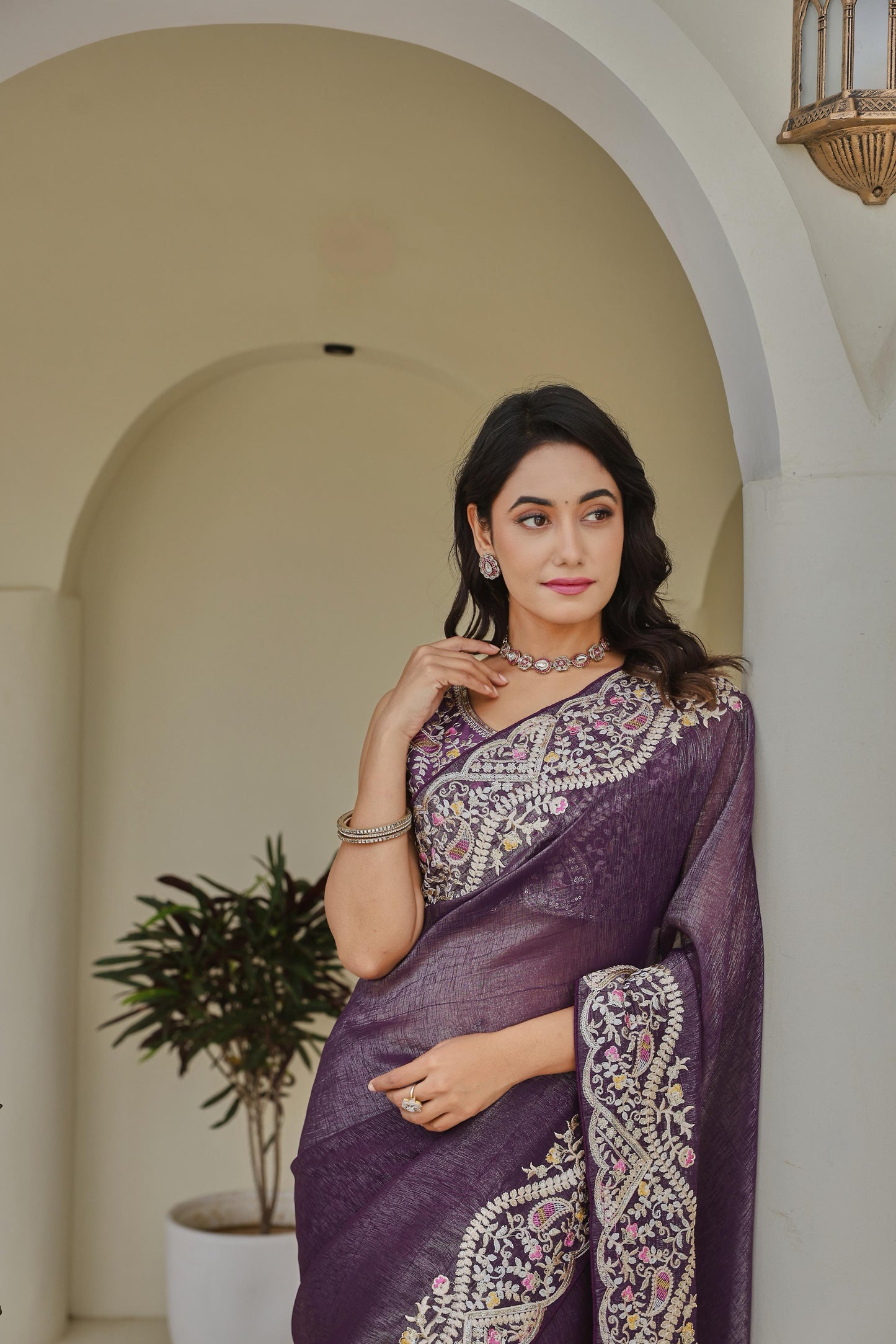 Regal Purple Heavy Work Saree with Detailed Border and Contrast Blouse