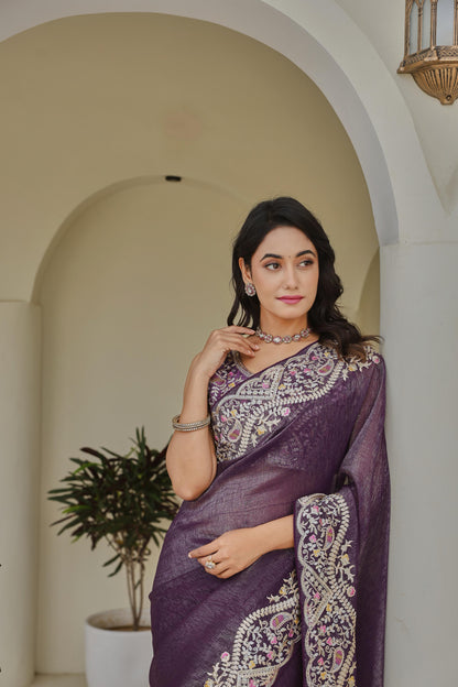 Regal Purple Heavy Work Saree with Detailed Border and Contrast Blouse