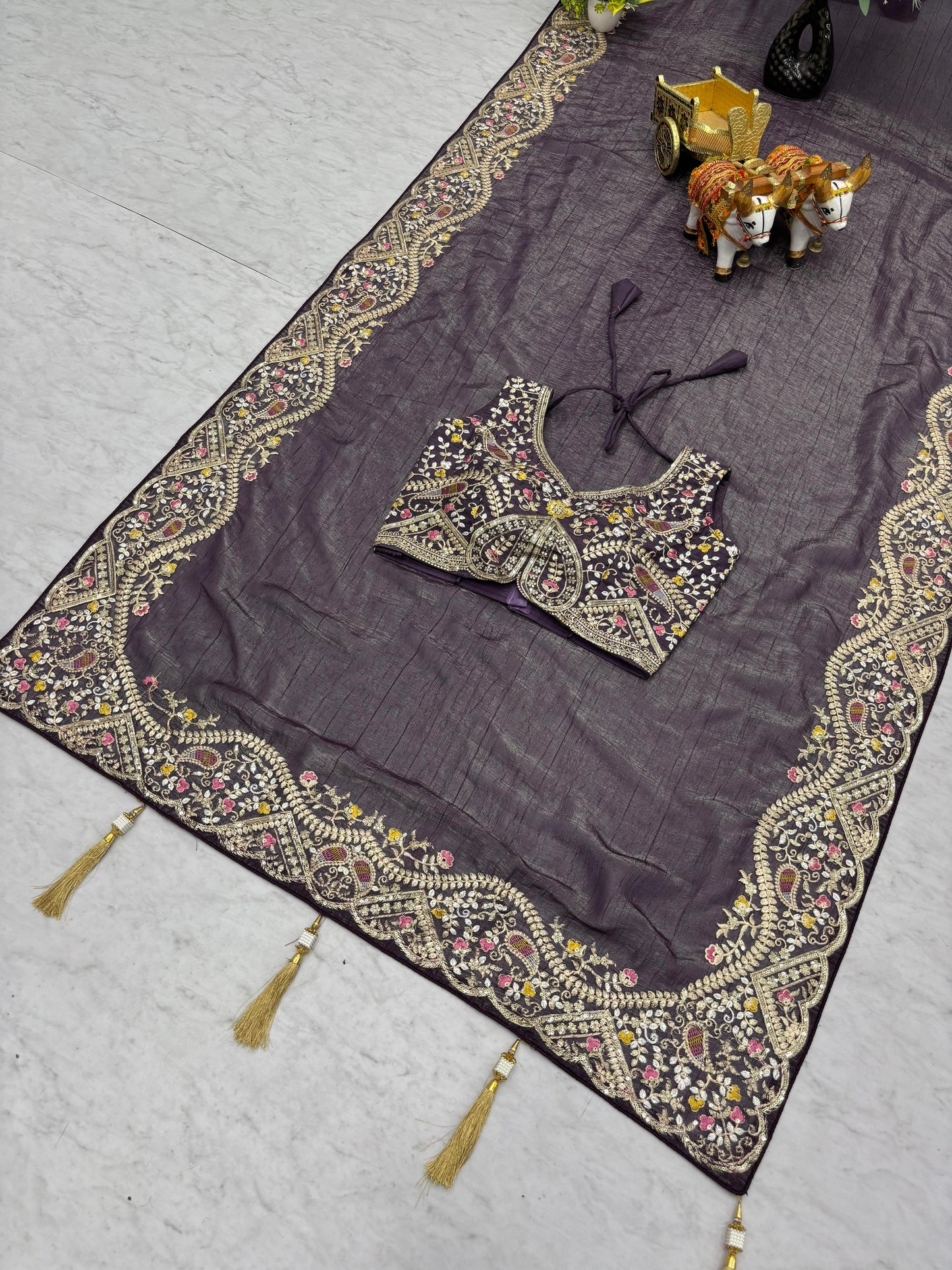 Regal Purple Heavy Work Saree with Detailed Border and Contrast Blouse