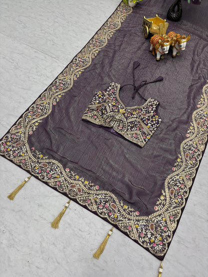Regal Purple Heavy Work Saree with Detailed Border and Contrast Blouse