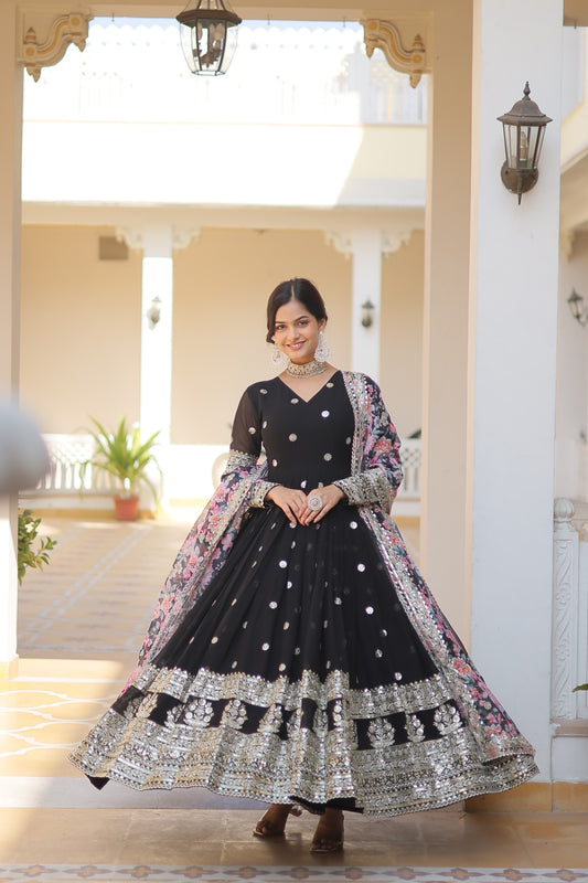 Black Embroidered Anarkali Gown with Heavy Border Work and Floral Dupatta