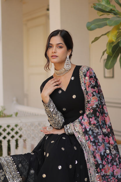 Black Embroidered Anarkali Gown with Heavy Border Work and Floral Dupatta