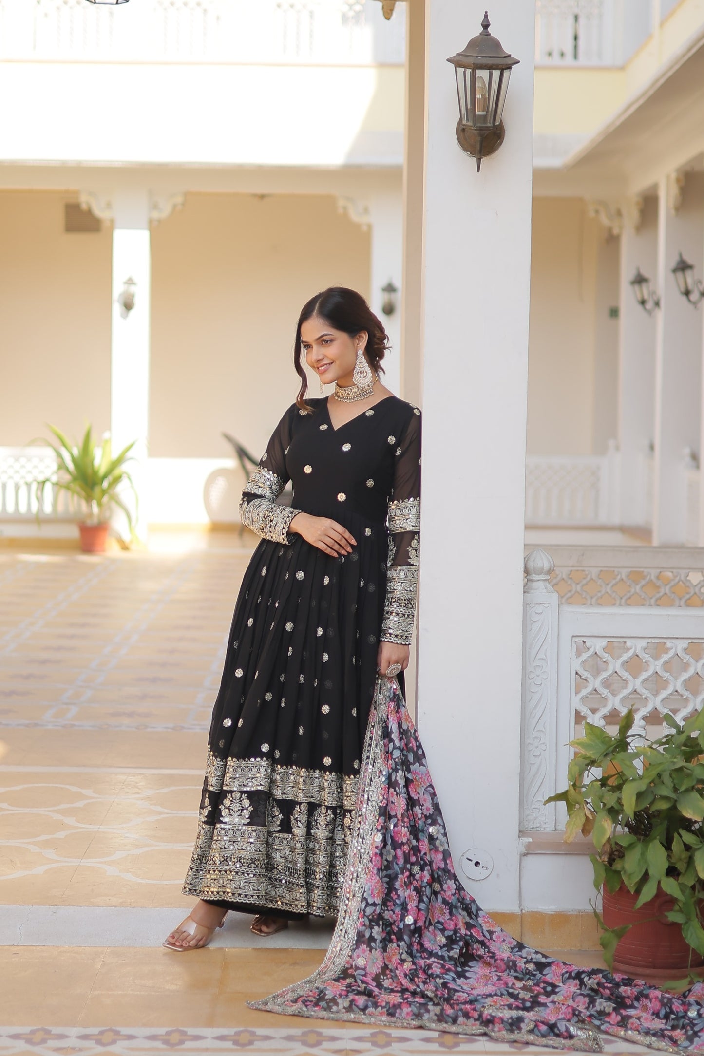 Black Embroidered Anarkali Gown with Heavy Border Work and Floral Dupatta