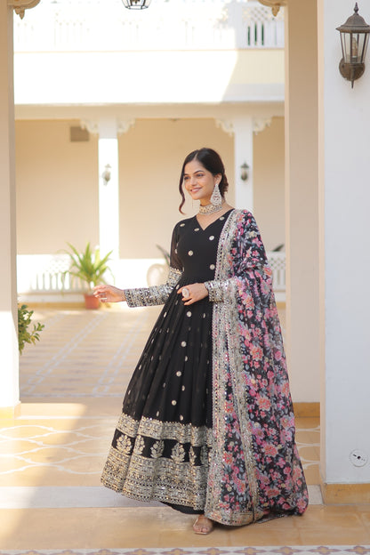 Black Embroidered Anarkali Gown with Heavy Border Work and Floral Dupatta