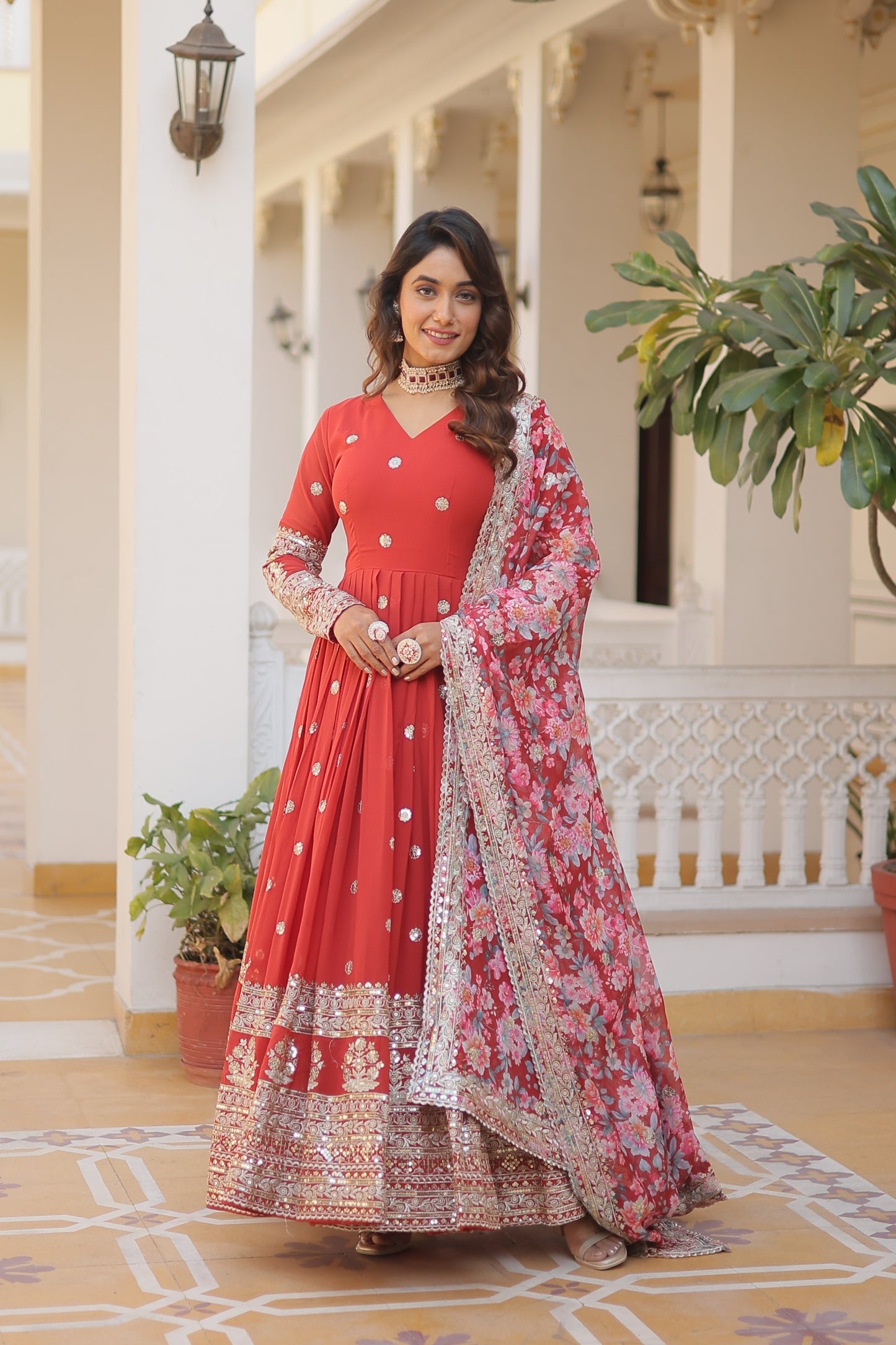 Ready-to-Wear Red Party Gown with Gold Embroidery and Contrast Print Shawl