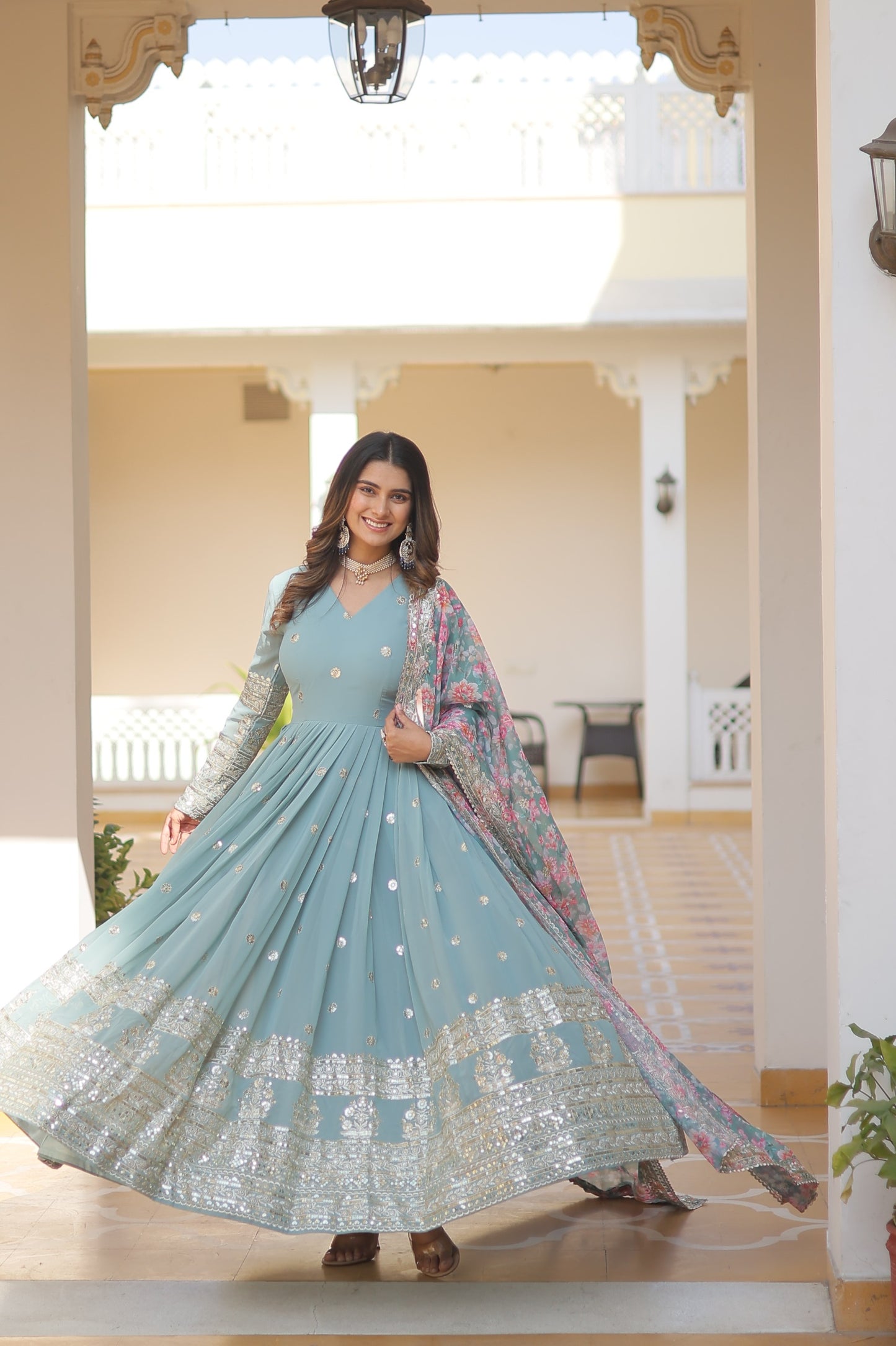 Designer Sea Green Anarkali Gown with Floral Tabby Silk Dupatta