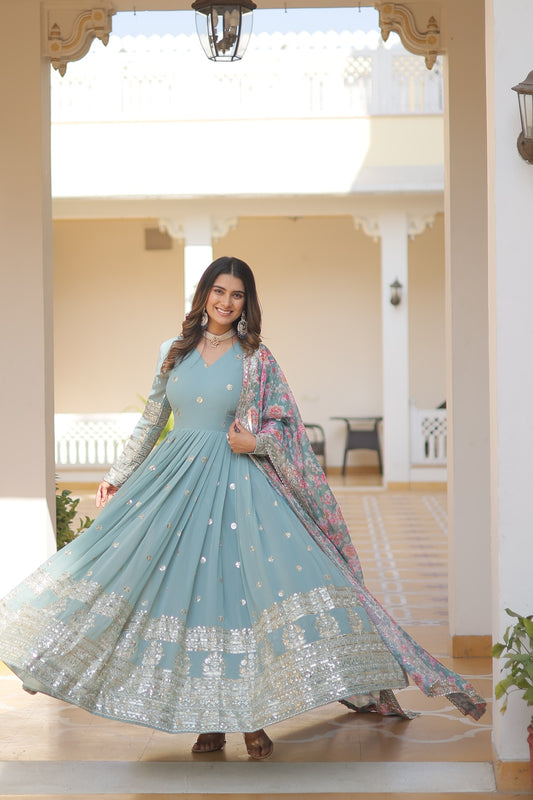 Designer Sea Green Anarkali Gown with Floral Tabby Silk Dupatta