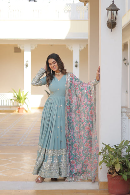 Designer Sea Green Anarkali Gown with Floral Tabby Silk Dupatta