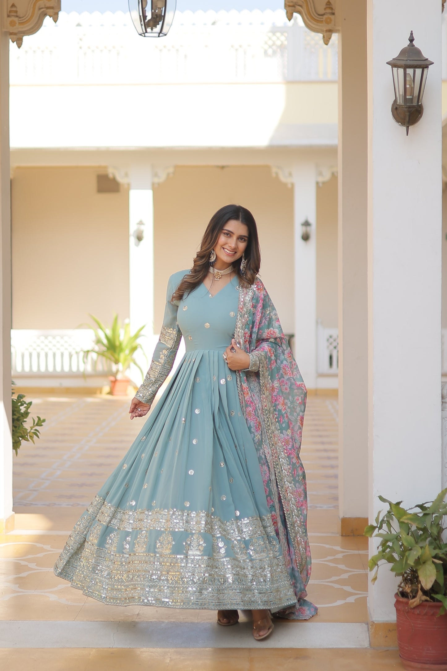 Designer Sea Green Anarkali Gown with Floral Tabby Silk Dupatta