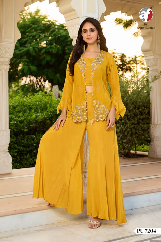 Mustard Yellow Designer Indo Western Dress with Handwork