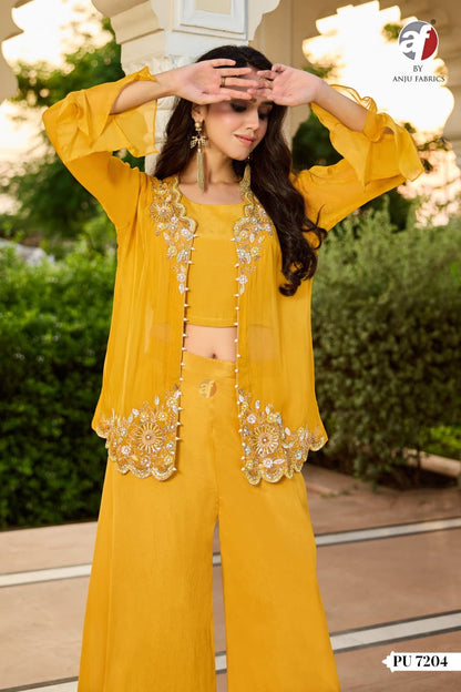 Mustard Yellow Designer Indo Western Dress with Handwork