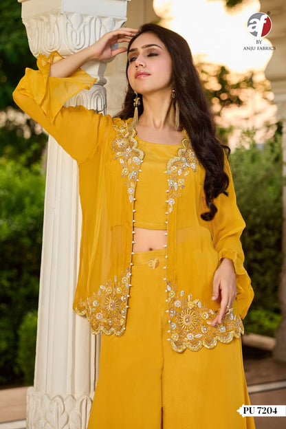 Mustard Yellow Designer Indo Western Dress with Handwork