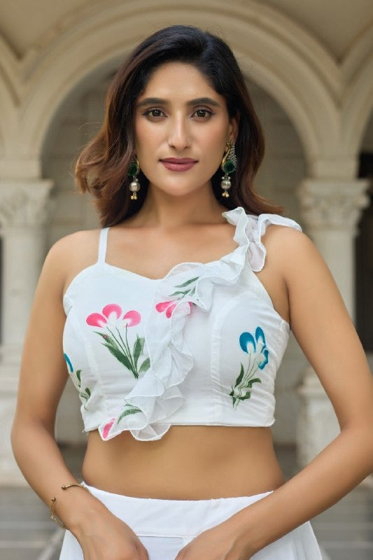 Modern Party Wear White Lehenga with Skirt and Ruffle Blouse