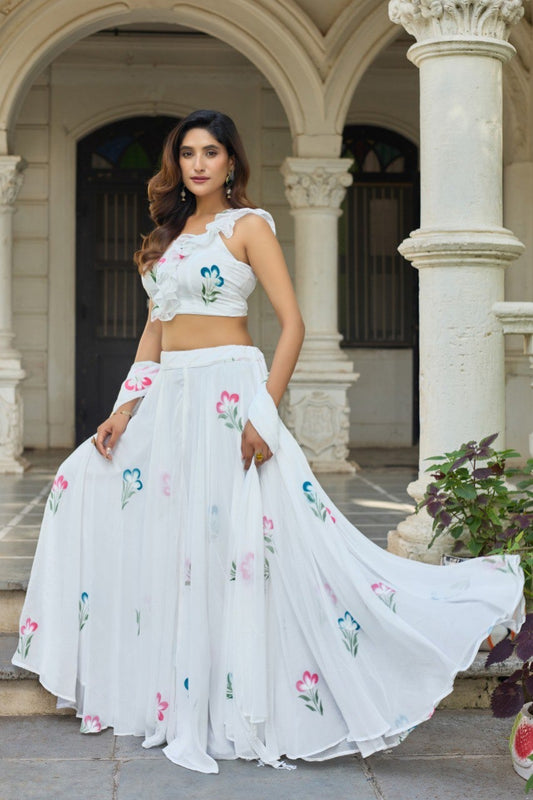 Modern Party Wear White Lehenga with Skirt and Ruffle Blouse