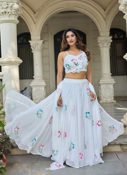 Modern Party Wear White Lehenga with Skirt and Ruffle Blouse