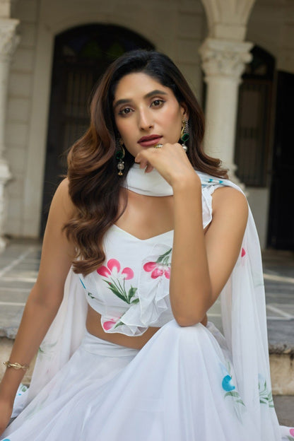 Modern Party Wear White Lehenga with Skirt and Ruffle Blouse