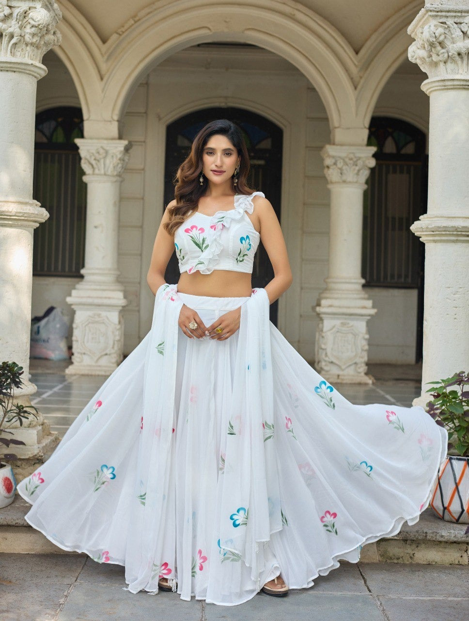 Modern Party Wear White Lehenga with Skirt and Ruffle Blouse