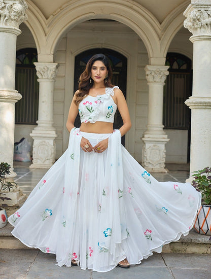 Modern Party Wear White Lehenga with Skirt and Ruffle Blouse