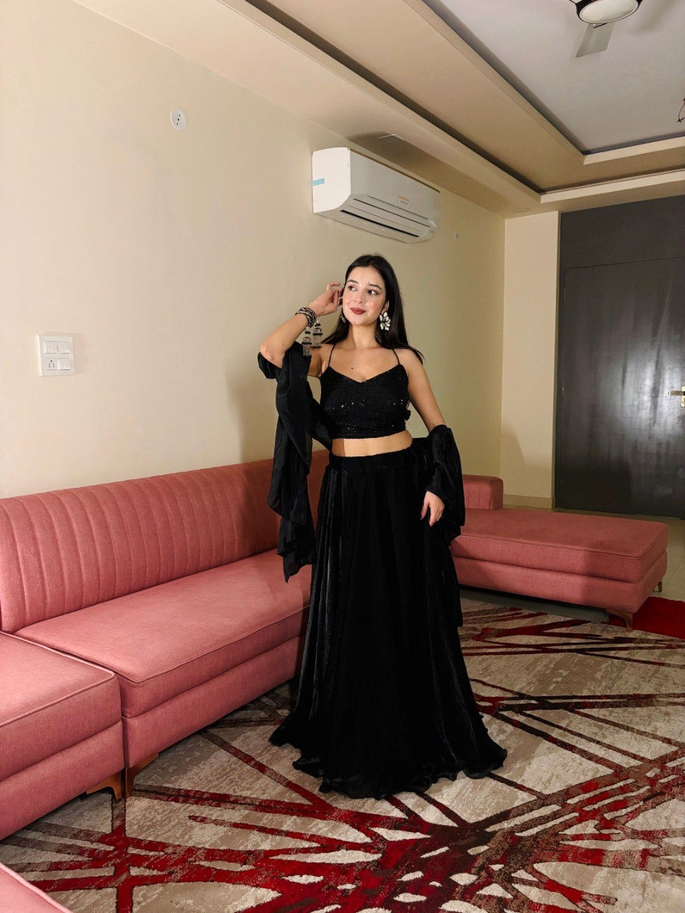 Designer Black Pleated Ruffle Lehenga Choli for Evening Party Wear