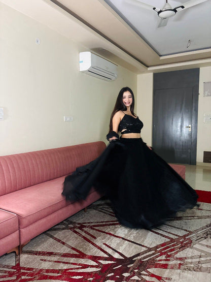 Designer Black Pleated Ruffle Lehenga Choli for Evening Party Wear