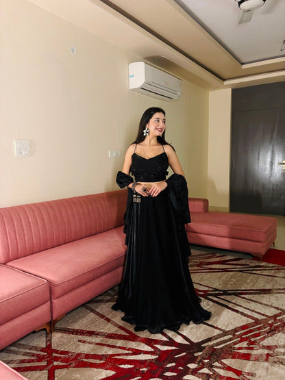 Designer Black Pleated Ruffle Lehenga Choli for Evening Party Wear